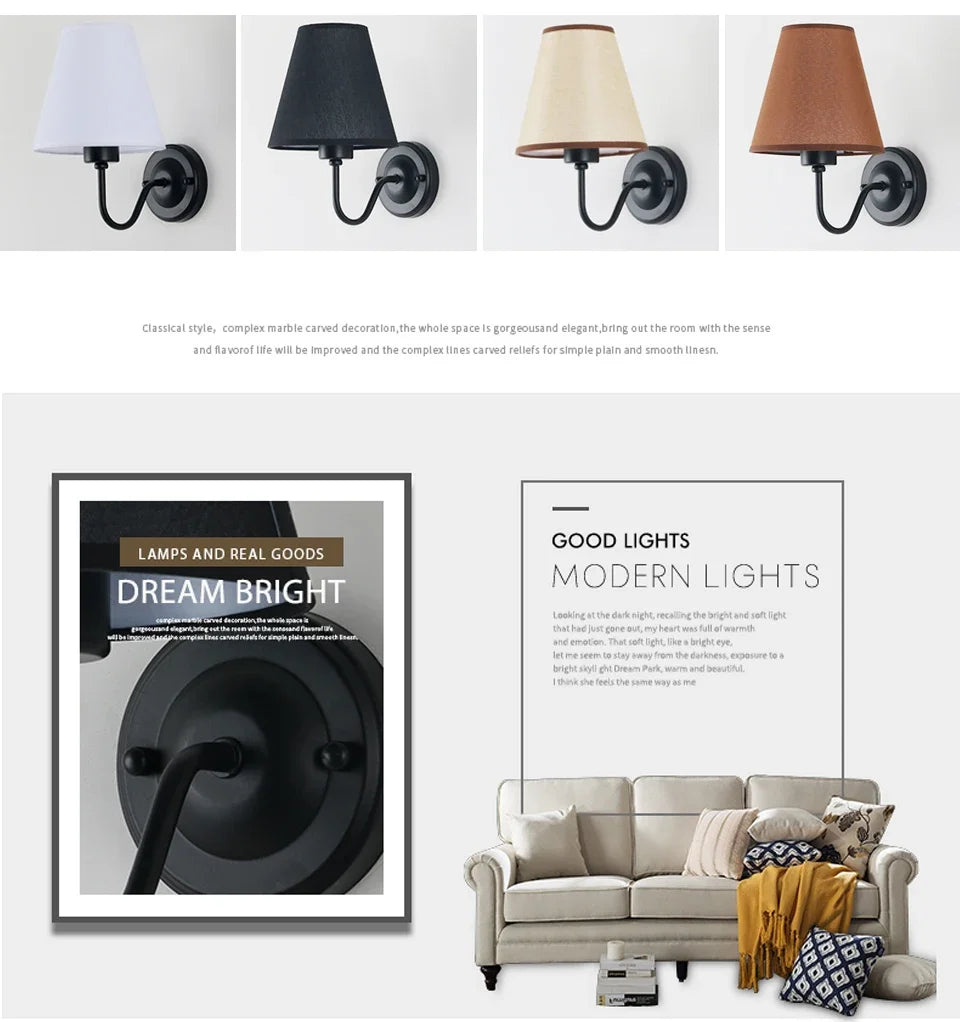 LED Retro Wall Lamp E27 Minimalist Creative Fabric Decorative Lamp Bedroom Hotel Bedside Study Indoor Household Lighting Fixture