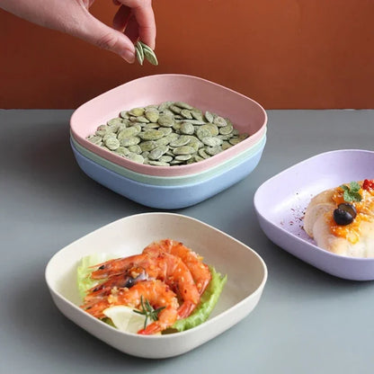 Reusable Food Serving Dishes with Rack, 10Pcs Square Wheat Straw Plates Salad Bowl