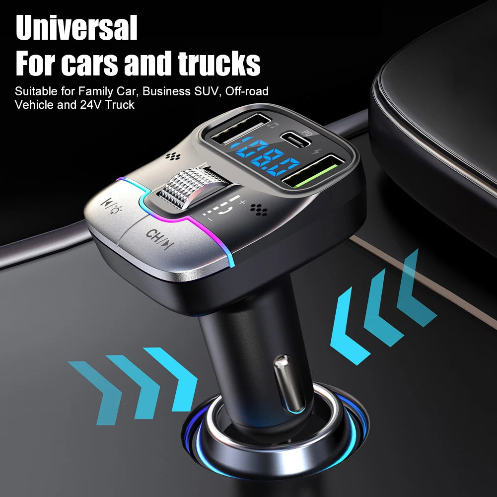 Bluetooth 5.3 Car FM Transmitter Wireless Bluetooth Car Adapter MP3 Player Handsfree Call Dual USB PD Fast Charger Roller Wheel
