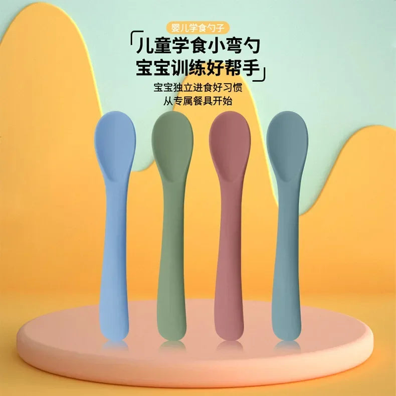 Silicone Baby Learn To Eat Spoon Small Curved Spoon Soft Rubber Feeding Silicone Cutlery Baby Training Spoon