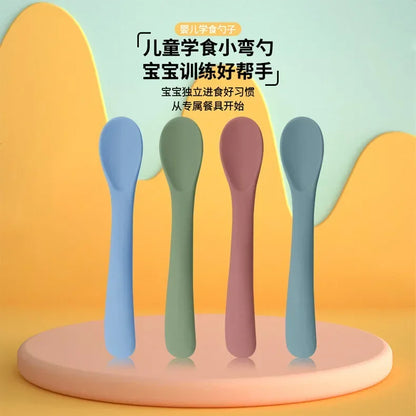 Silicone Baby Learn To Eat Spoon Small Curved Spoon Soft Rubber Feeding Silicone Cutlery Baby Training Spoon