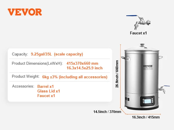 VEVOR Electric Brewing System 8 GALLON Brewing Stock Pot All-in-One Home Beer Brewer 304 Stainless Steel Brewing Supplies