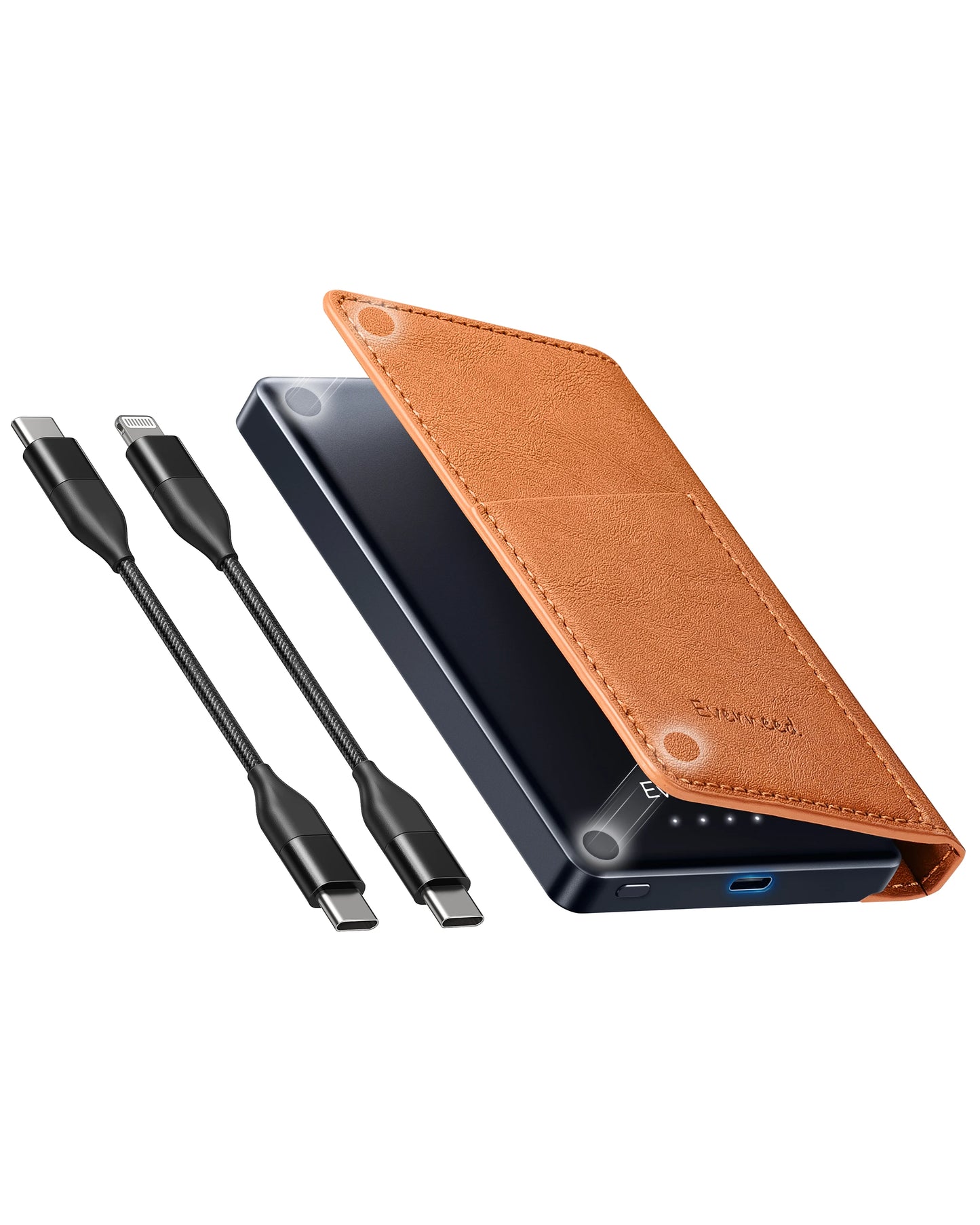 【PD 20W】Portable Power Bank with Wallet Case, 5000mAh Built-in Cable Fast Charging for Phone, USB-C, Slim portable charger