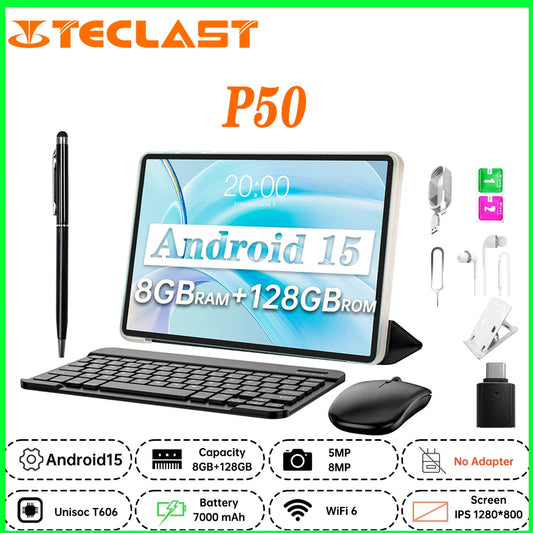 NEW 2025 Teclast P50 Tablet Android 15 8-core T606 8GB RAM GB ROM 11inch 1280 × 800iPS Bluetooth 5 7000mAh Type-C 8MP + 5MP