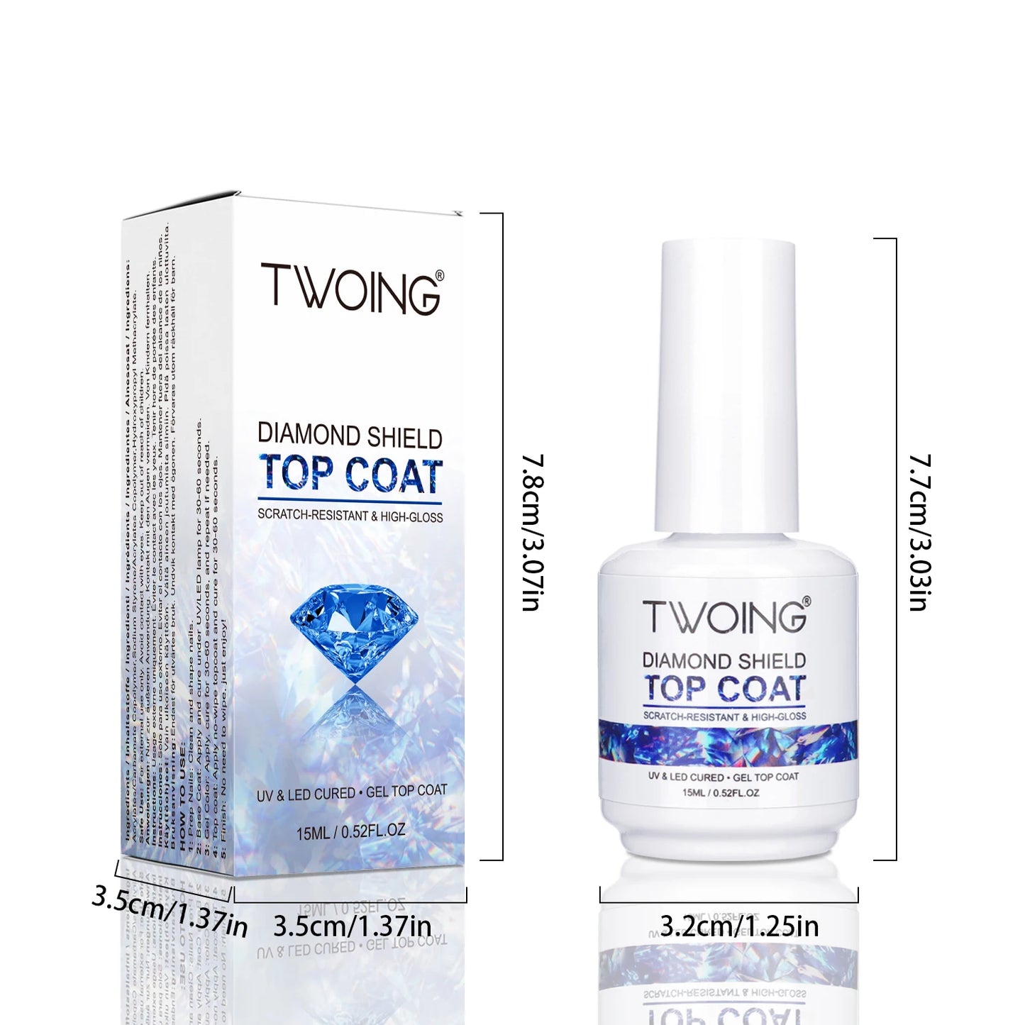 TWOING 15ml New Super Shine Top Coat Gel Nail Polish Diamond Topcoat No Wipe Sealer Gel Finish Manicure Nail Art Salon Quality