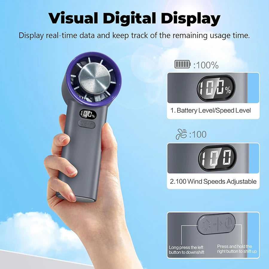HandFan High Speed Handheld Cooling Fan Portable Mini Hand Fan 120 Speeds Adjustable Digital Display for Travel Beach Outdoors