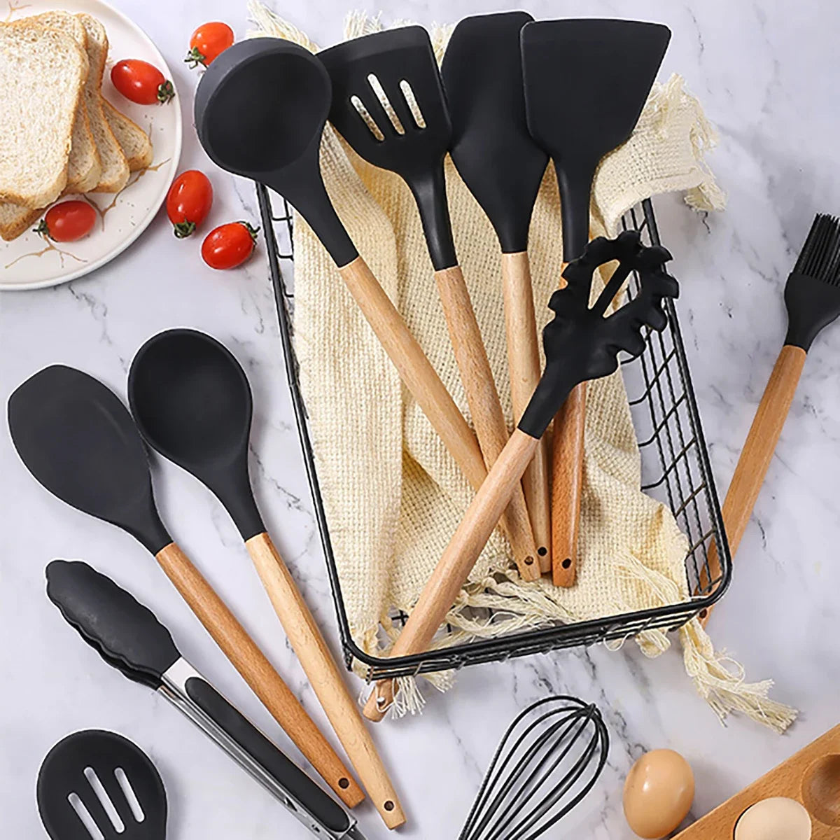 12Pcs Silicone Cooking Utensils Set For Non-stick Cookware Black Kitchen Cuisine Outils Cookware Heat Resistant Accessoires