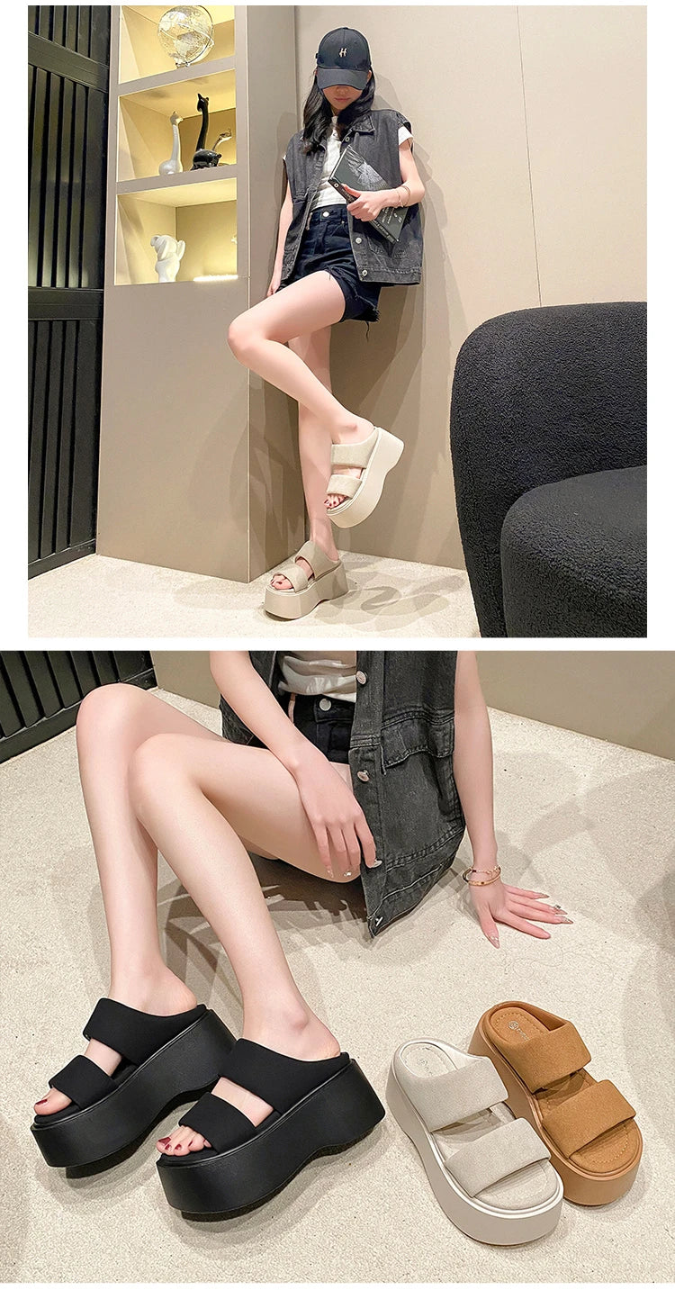 Summer 2023 Chunky Sandals Women's Thick Bottom Wedge Heels Slides 8CM High Heels Platform Leather Casual Beach Flip Flops Woman
