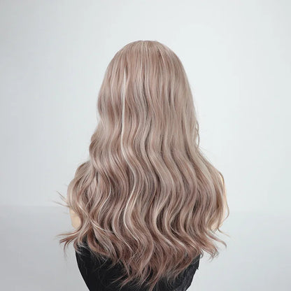 26-inch (about 70 cm) long synthetic hair, dark brown, rose gold, light brown, middle-part curly hair, daily wear, party,