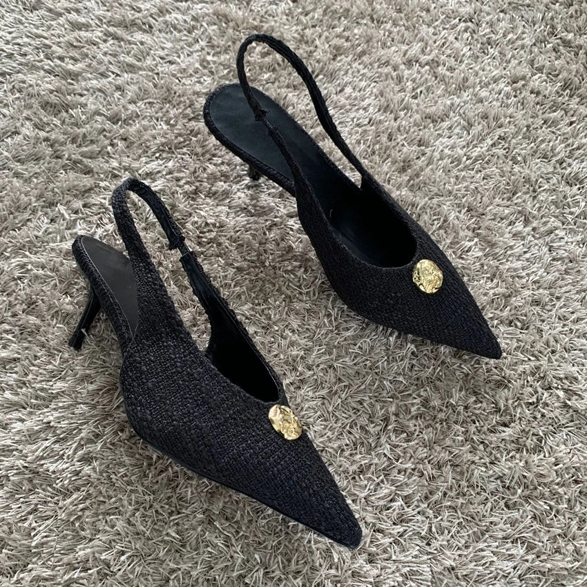 Fashion Women’s Black High Heels Sexy Pointed Shallow Mouth Pumps 2025 Spring Female Slingbacks Dress Office Shoes