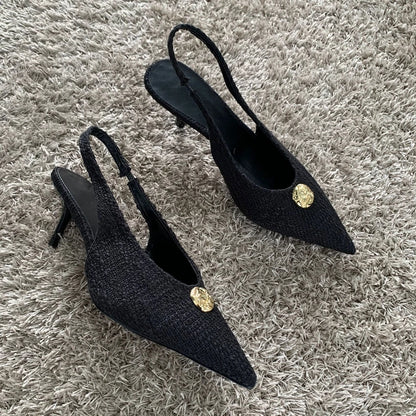 Fashion Women’s Black High Heels Sexy Pointed Shallow Mouth Pumps 2025 Spring Female Slingbacks Dress Office Shoes