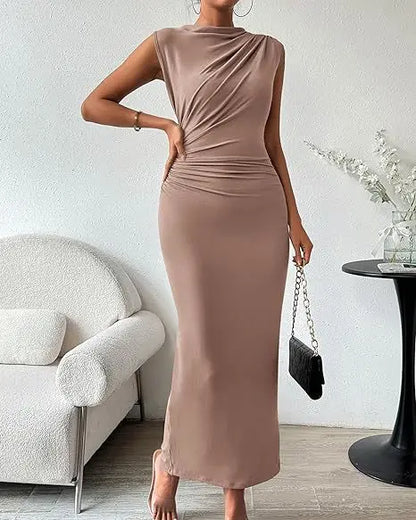 Women's Ruched Bodycon Dress Summer Casual Sleeveless Back Slit Elegant Club Evening Party Cocktail Maxi Dresses