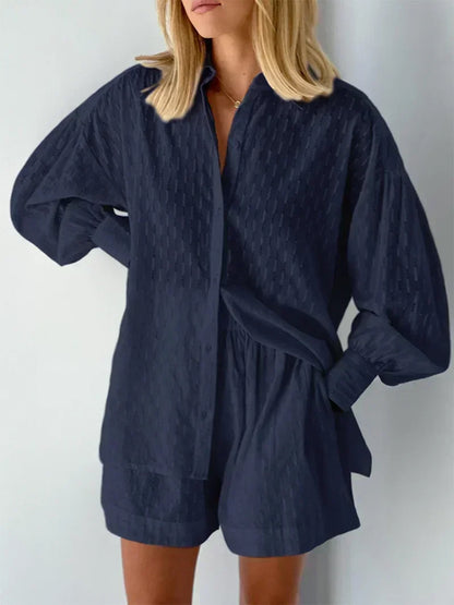 Casual Loose Women Short Two Piece Set Suit Fashion Blouse Long Sleeve Shirt Lady Simple Style Shorts Streetwear Blouse Tops