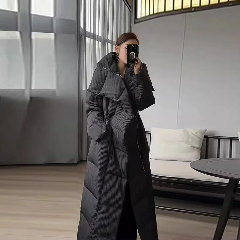 Winter Big Turn Down Collar Long Down Jacket Drawstring Striped Thick Knee Length Overcoat Warm White Duck Down Jacket Women