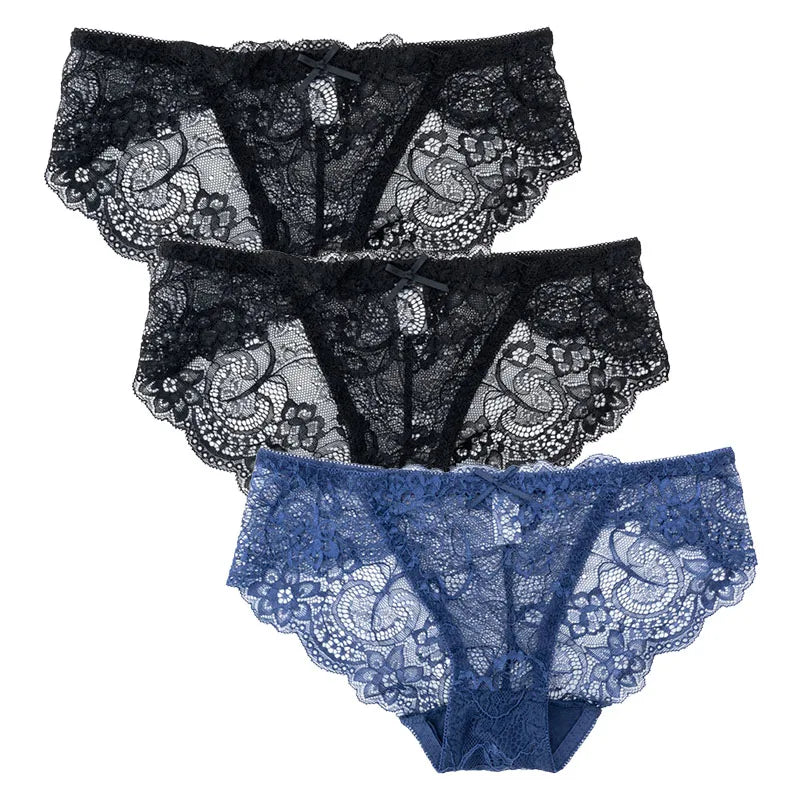 3PCS Hollow Out See Through Underpants Comfortable Briefs Sexy Ladies Lace Transparent Panties Low-Rise Lingerie