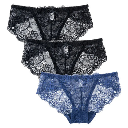 3PCS Hollow Out See Through Underpants Comfortable Briefs Sexy Ladies Lace Transparent Panties Low-Rise Lingerie
