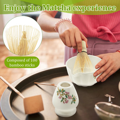Matcha Whisk and Bowls Kit with Whisk Holder Scoop and Sifter Japanese Style Matcha Making Set Teaset Giftbox for Tea lovers