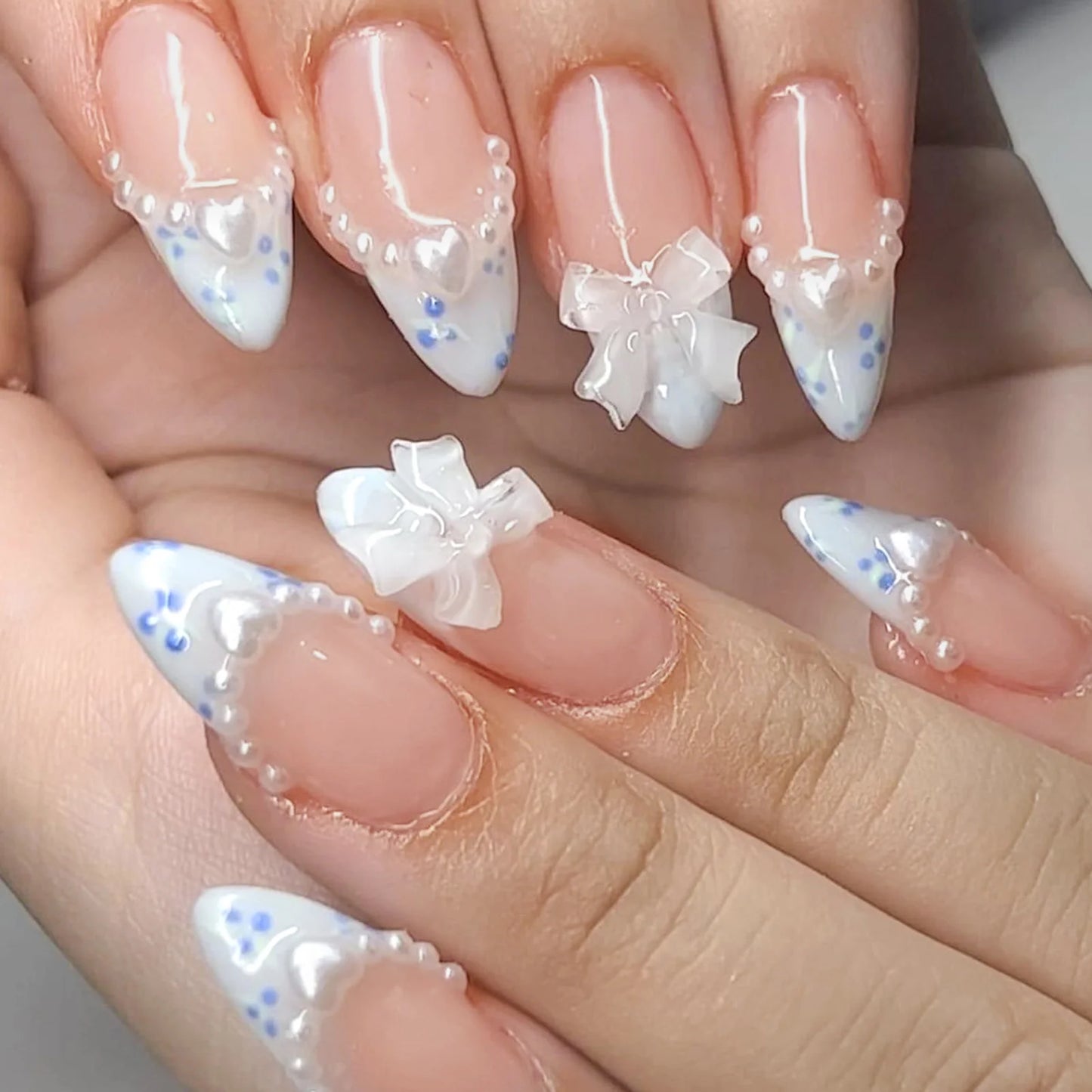 White French Short Press on Nails 3D Bowknot Designs Nude Color Fake Nails Artificial False Nails Tips for Woman DIY Manicure