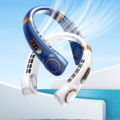 Portable Neck Fan LED Digital Display Hanging Neck Fan Leafless Air Cooler Mute USB Rechargeable Cooler with Atmosphere Light