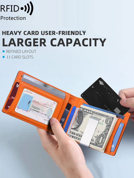 RFID Blocking Carbon Fiber Wallet- Ultra-Slim Bi-Fold Credit Card Holder with ID Window, Portable Front Pocket Money Clip