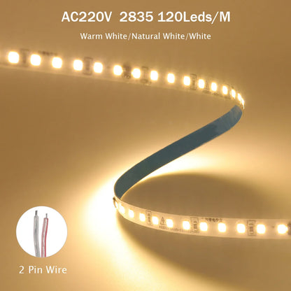 5m 10m 20m 50m LED Strip Light AC 220V 230V 240V IP55 2835 120 LEDs Flexible Ribbon Rope Lights Tape 9 Colors Home Decoration