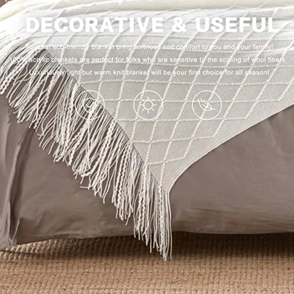 White Oversized Throw Blankets with Tassels 150x230cm Textured Knitted Boho Woven Big Blankets Bedspread Cover Manta Para Sofá