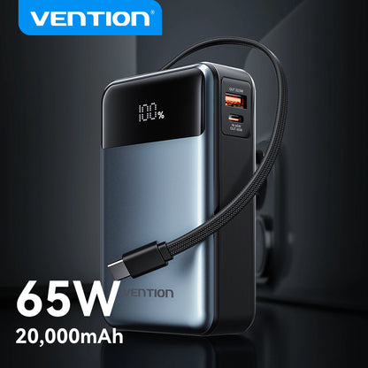 Vention 65W Portable Power Bank 20000mAh PD Fast Charging with Built-in USB Type-C Cable for Laptops iPhone 16 15 14 13 Pro Max
