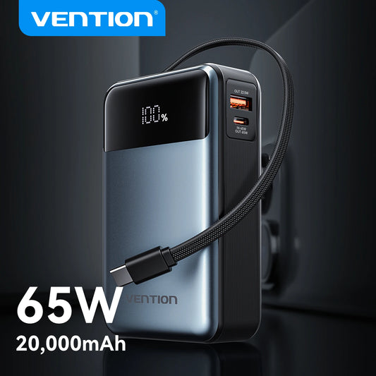 Vention 65W Portable Power Bank 20000mAh PD Fast Charging with Built-in USB Type-C Cable for Laptops iPhone 16 15 14 13 Pro Max