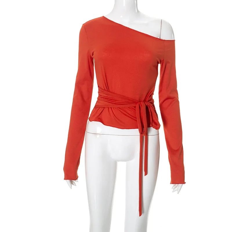 One Shoulder T Shirts For Women Aesthetic Clothes Sashes Crop Top Y2k Accessories Long Sleeve Lady Tshirt Ropa Mujer Camisetas