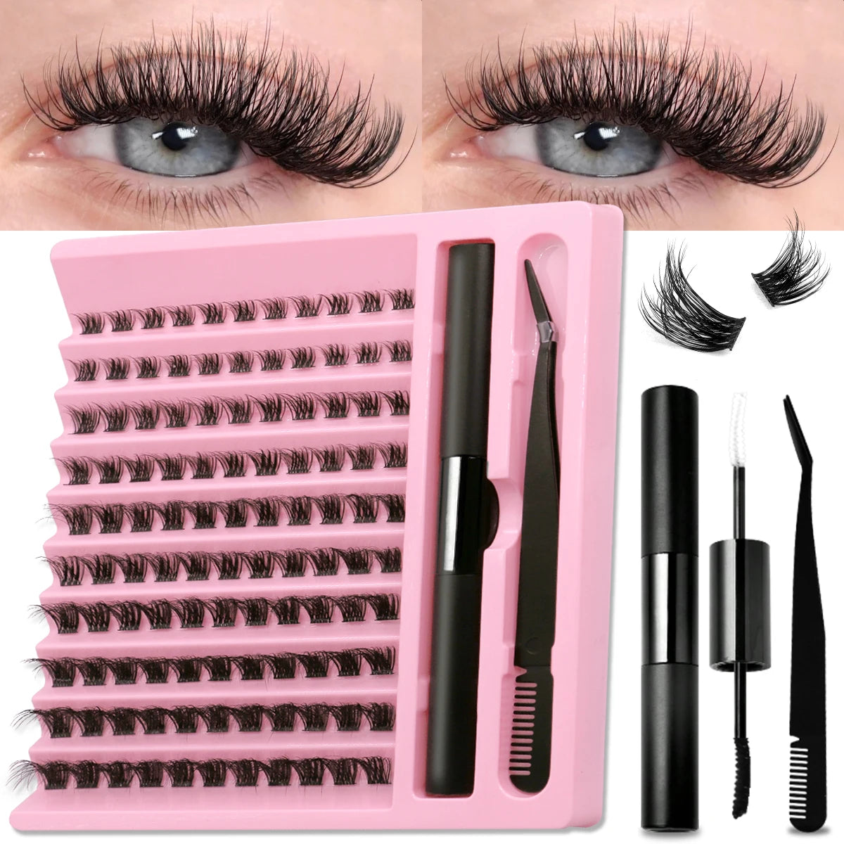 GROINNEYA DIY Lash Extension Kit Lash Clusters With Waterproof Strong Hold Lash Bond And Seal And Eyelash Tweezers Lash Cluster