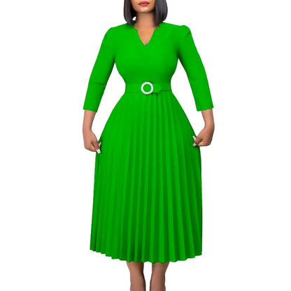 Office Dresses for Women V Neck Full Sleeve Belt Waisted Pleated Mid Calf Elegant Female Business Work Wear Dress Midi Cloth New