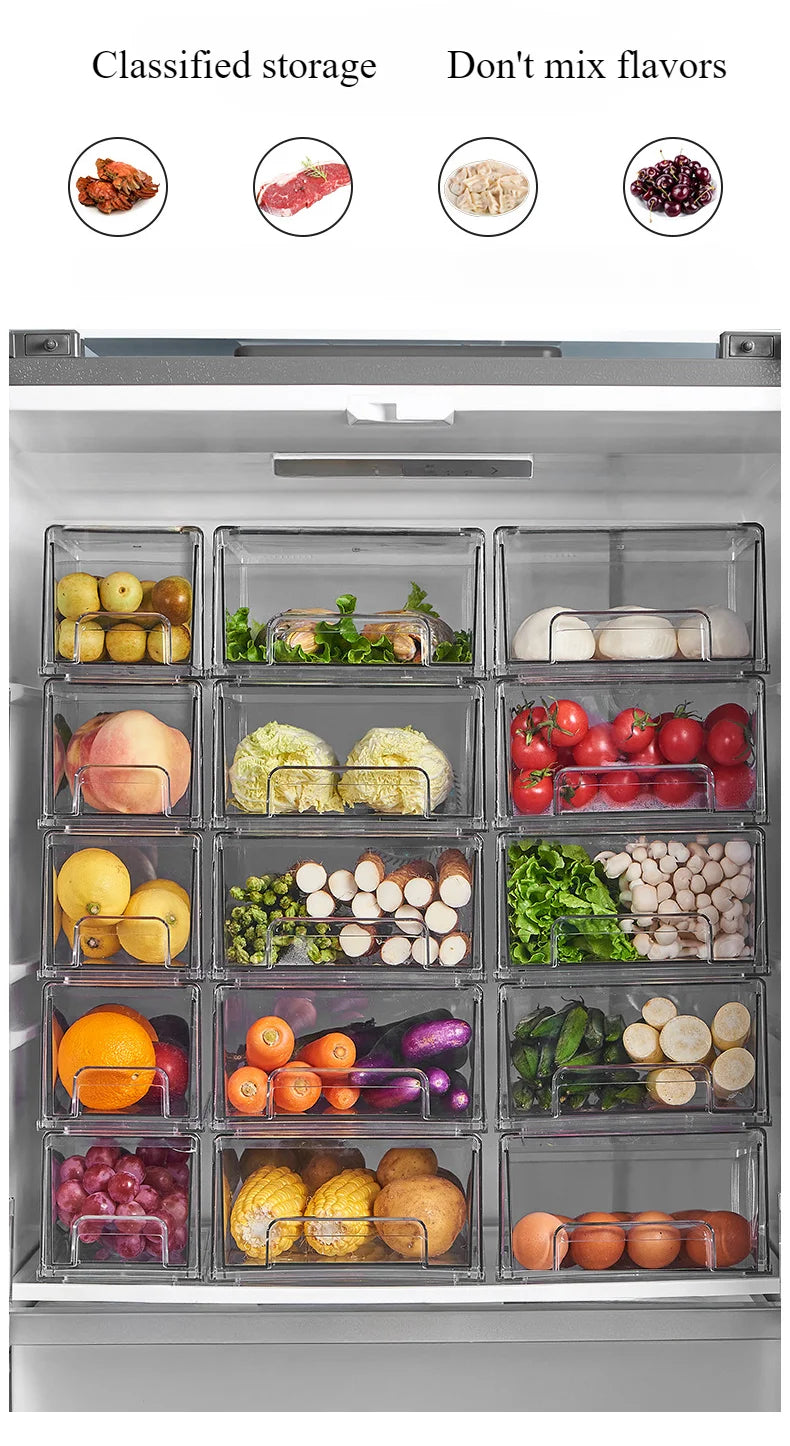 Kitchen Refrigerator Storage Box Fruit Vegatable Meat Fish Food Drawer Organizer Fresh-keeping Stackable Bin Stackable Container