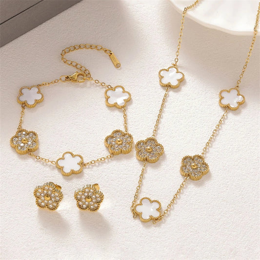 316L Stainless Steel 2025 New Fashion Fine Jewelry Set Zircon 5-Leaf Flowers Charm Chain Necklaces Bracelets Earrings For Women