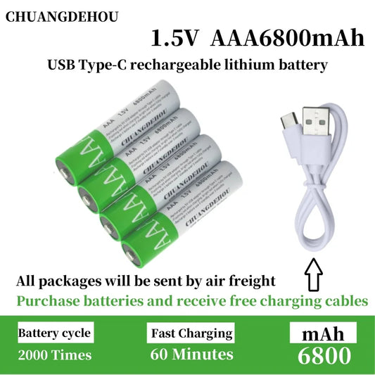 Aaa Rechargeable Batteries 6800Mah 1.5V Usb-C Fast Charging 2000+ Cycles for Remote/Toy/Camera/Mouse Long Lasting