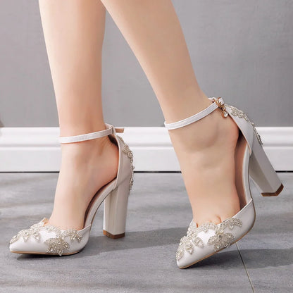 2025 Thick Heel Pointed Toe Shoes Large Size  Thick Heel Sandals Women Rhinestone Wedding Shoes Women White Wedding Shoes Drill