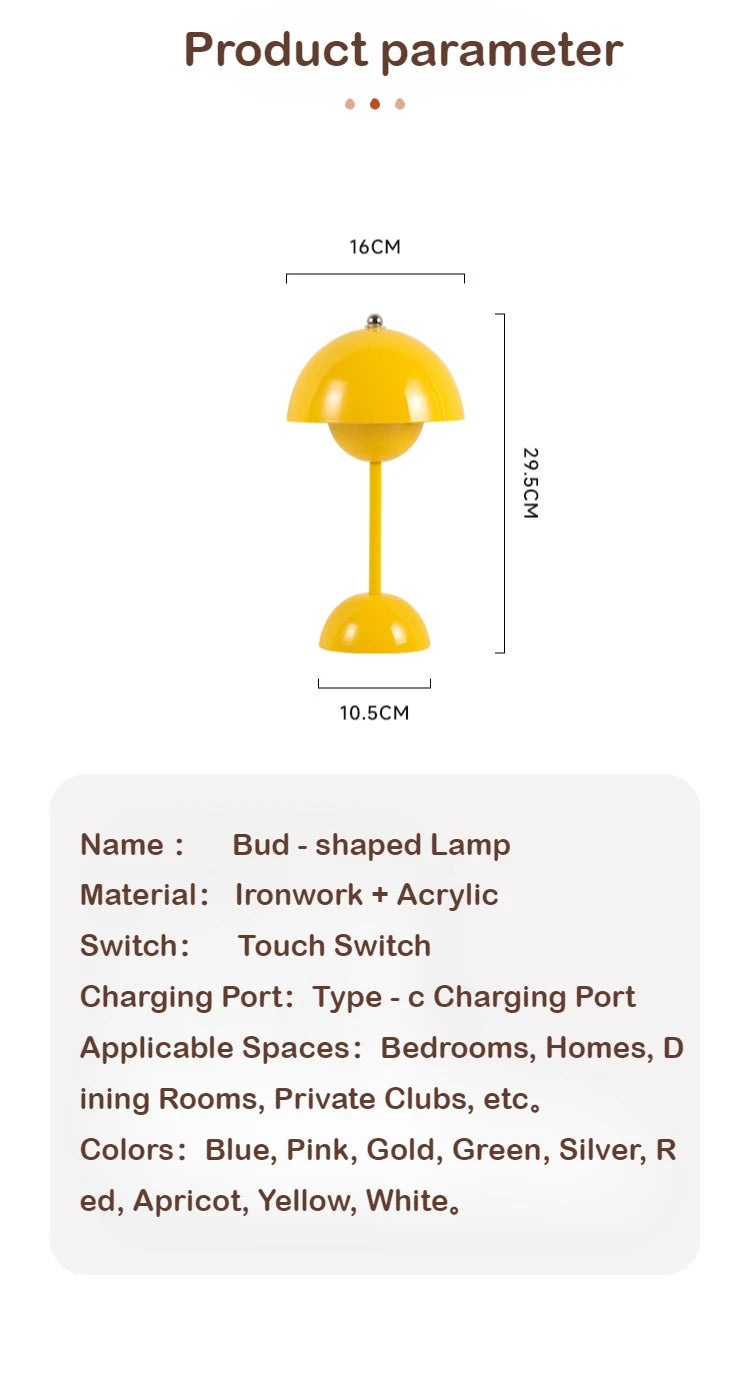 LED Mushroom Flower Bud Lamp – Touch Charging Nordic Decorative Lamp for Bedroom, Study & Bedside