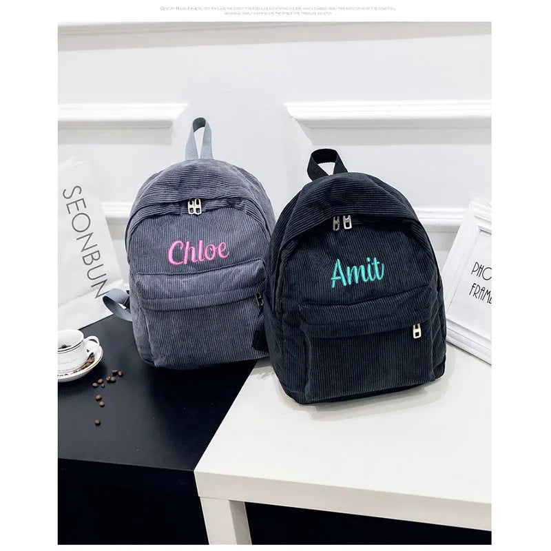 Personalized Corduroy Black Navy Khaki Gary Student Backpack Embroidered Custom Large Capacity Schoolbag for Student and Adult
