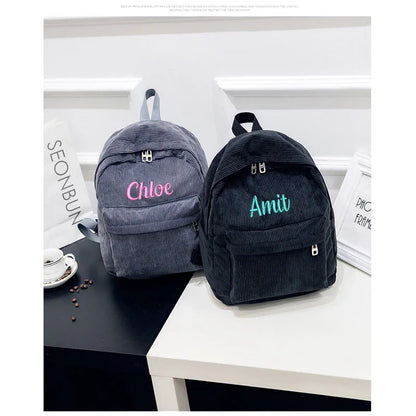 Personalized Corduroy Black Navy Khaki Gary Student Backpack Embroidered Custom Large Capacity Schoolbag for Student and Adult