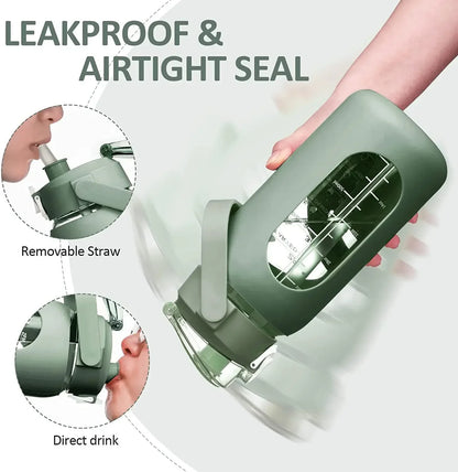 1000ML Glass Water Bottles with Straw, Glass Bottle with Silicone Sleeve and Time Marker, for Gym Camping Home Office