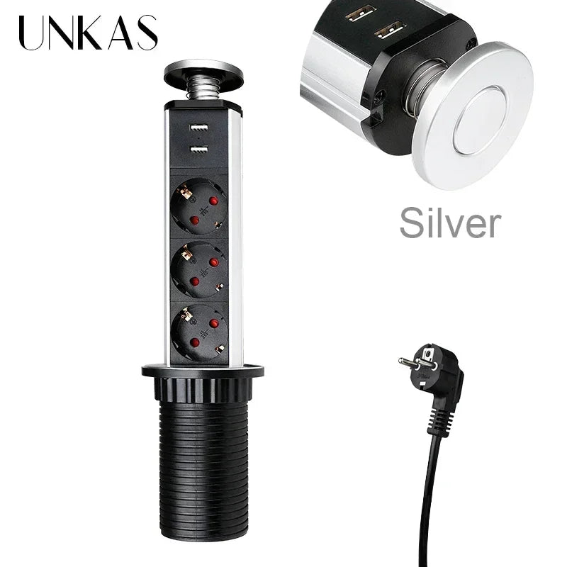 16A PULL POP UP 3 Power EU Socket New Black Color Port Kitchen Table Desktop Sockets Retractable Countertops French Plug