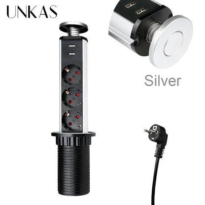 16A PULL POP UP 3 Power EU Socket New Black Color Port Kitchen Table Desktop Sockets Retractable Countertops French Plug