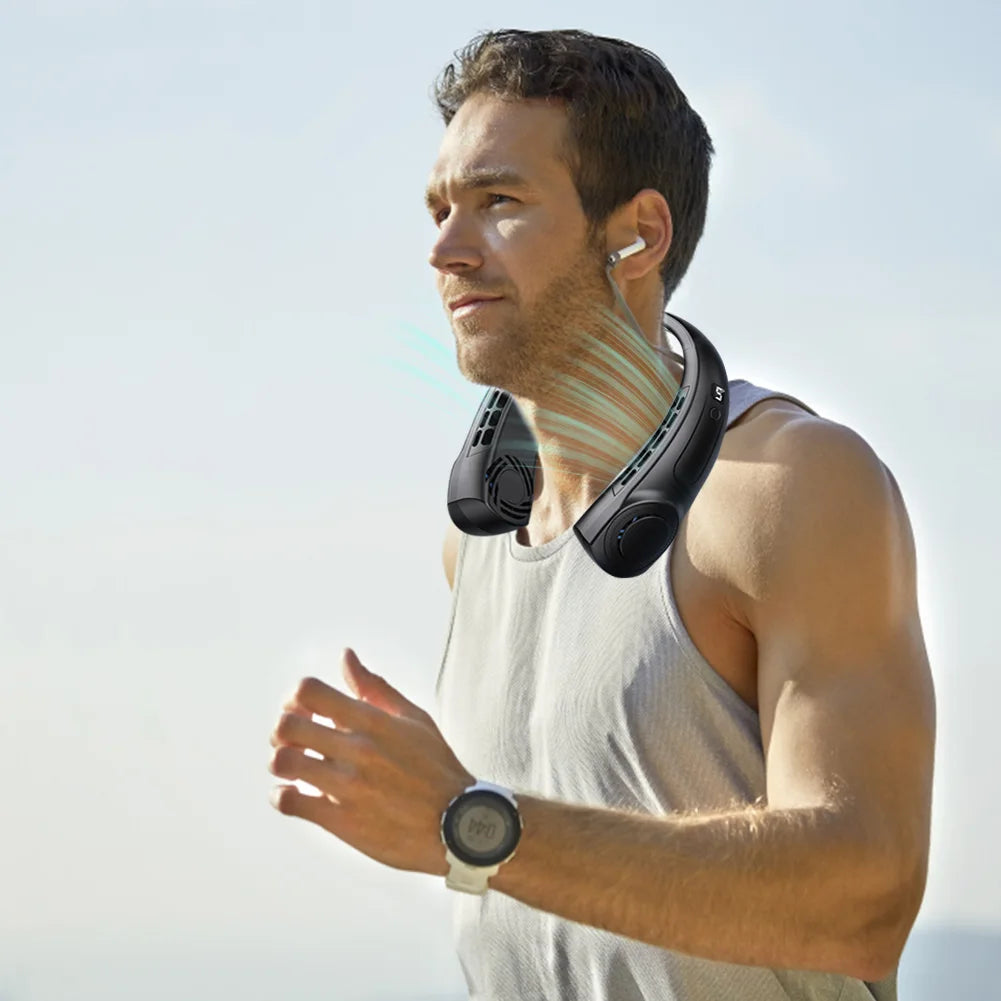 Portable Neck Fan LED Digital Display Hanging Neck Fan Leafless Air Cooler Mute USB Rechargeable Cooler with Atmosphere Light