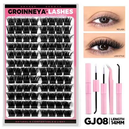 GROINNEYA Lash Clusters Kit DIY Lash Extension Volume Waterproof Individual Lashes Clusters Kit Lash Bond & Seal & Lash Tweezers