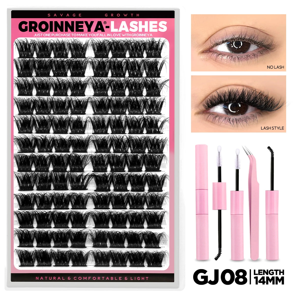 GROINNEYA Lash Clusters Kit DIY Lash Extension Volume Waterproof Individual Lashes Clusters Kit Lash Bond & Seal & Lash Tweezers