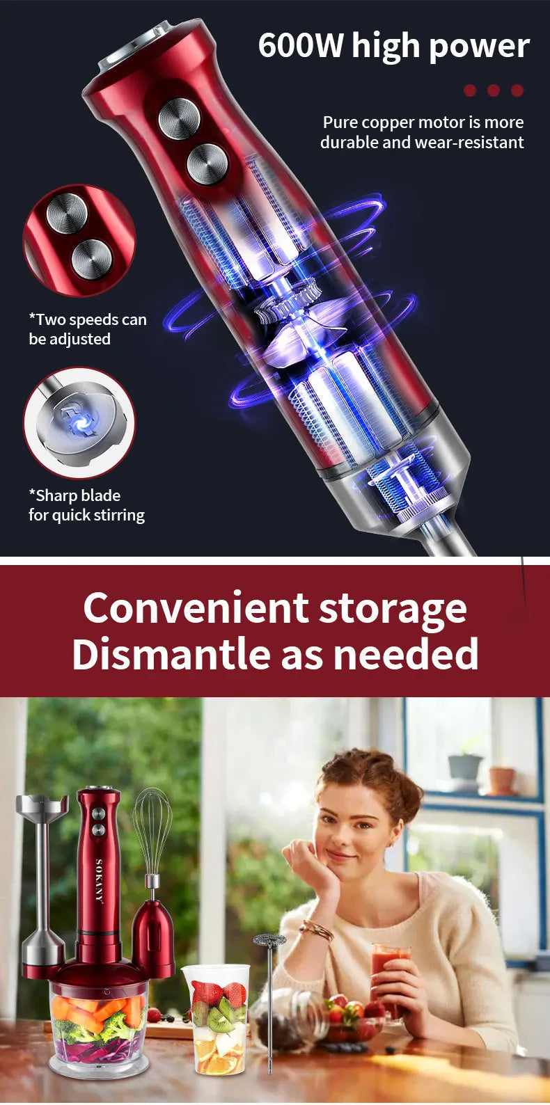 Electric Immersion Blender Hand Blender with Whisk 5 in 1 600W,304 Stainless Steel Ice Crush Blade with Whisk, Milk Frother