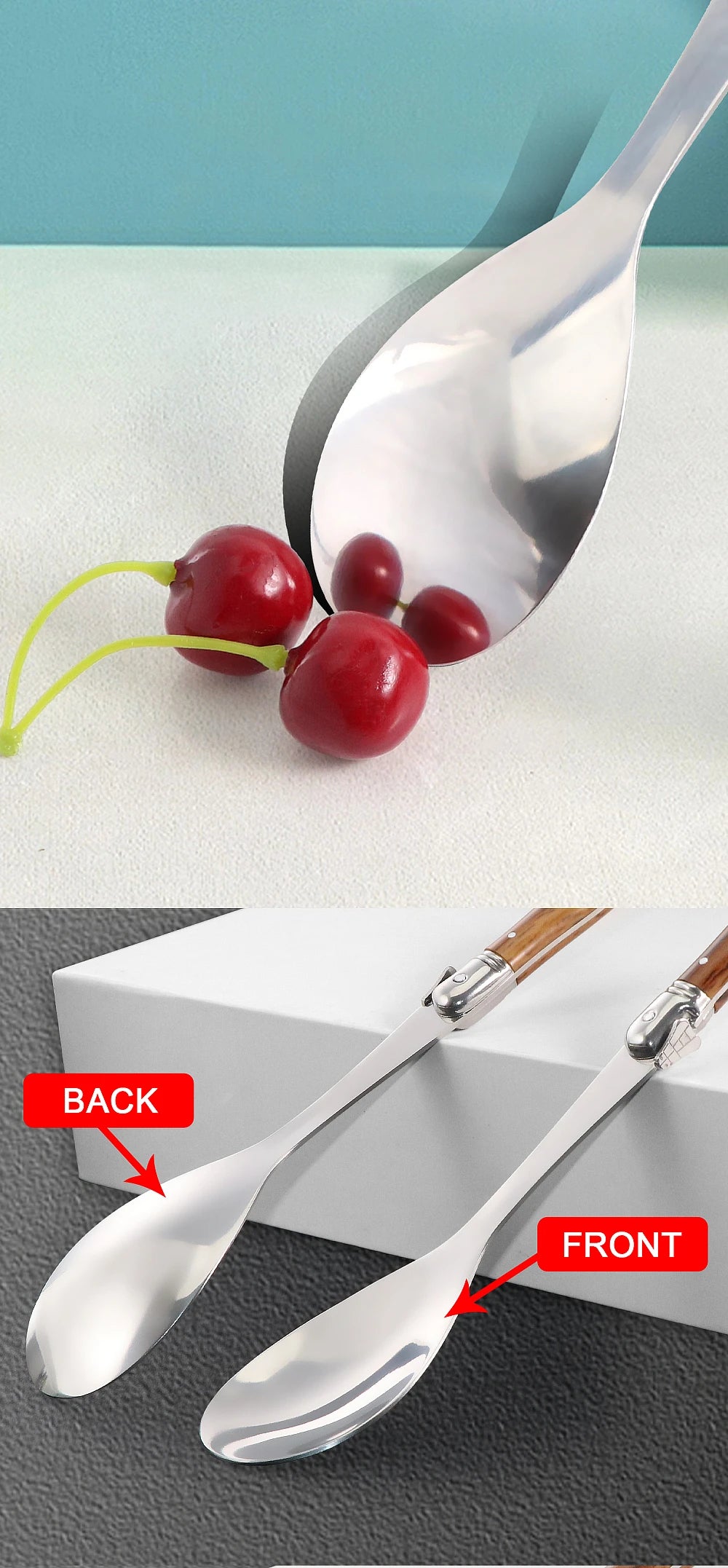 2pc/Set Stainless Steel Salad Spoons Laguiole Style Salad Stirring Spoon Slotted Spoon Wood Grain Plastic Salad Serving Utensils