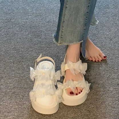 Women's Layered Bow Platform Sandals - Thick Cushioned Sole with Adjustable Ankle Buckle for Summer Casual Wear