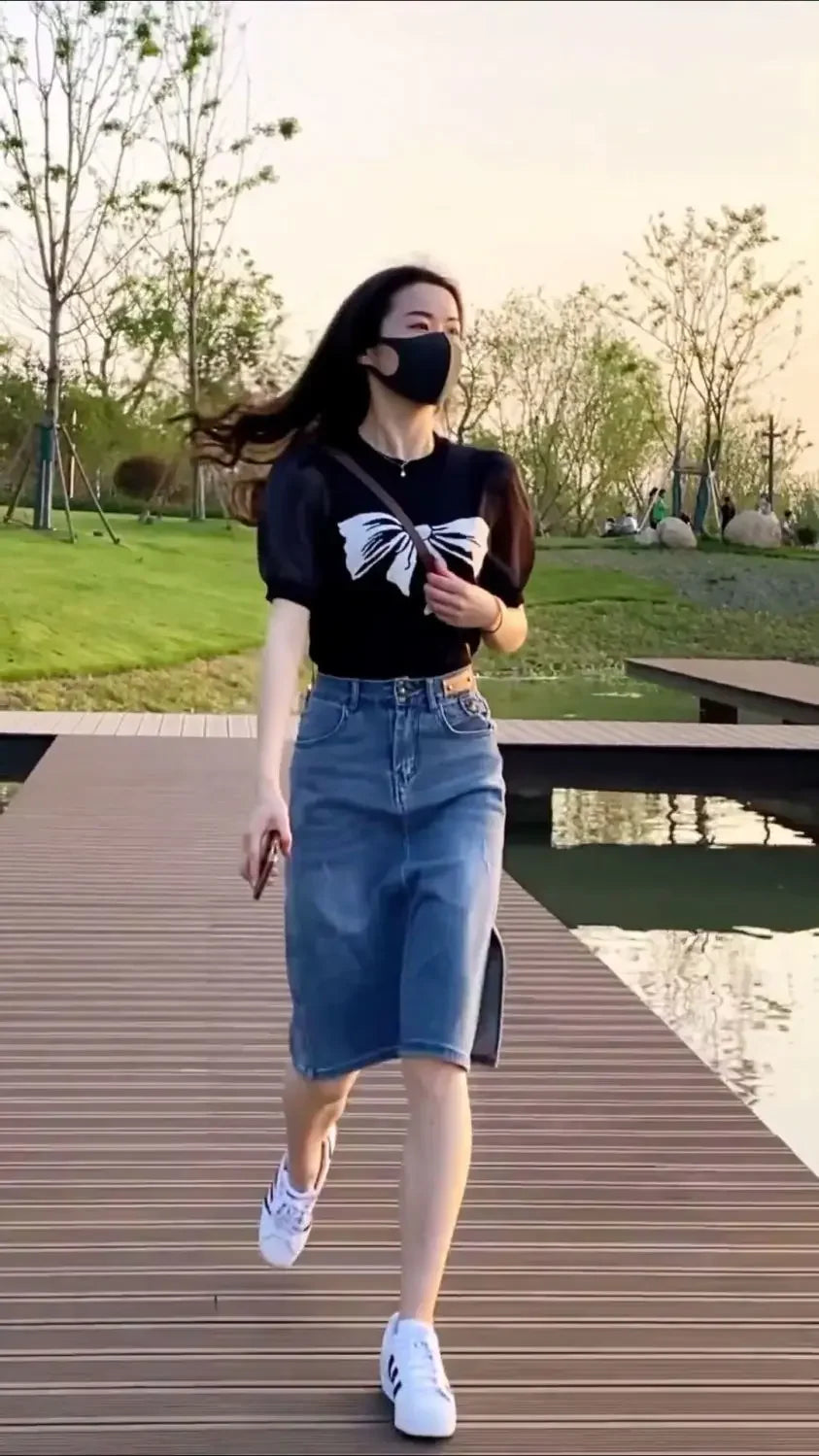 Skirts for Women To Knees Length Womens Skirt Jeans Denim Pencil Clothing with Slit Y2k Trend High Quality Summer 2024 Fashion V