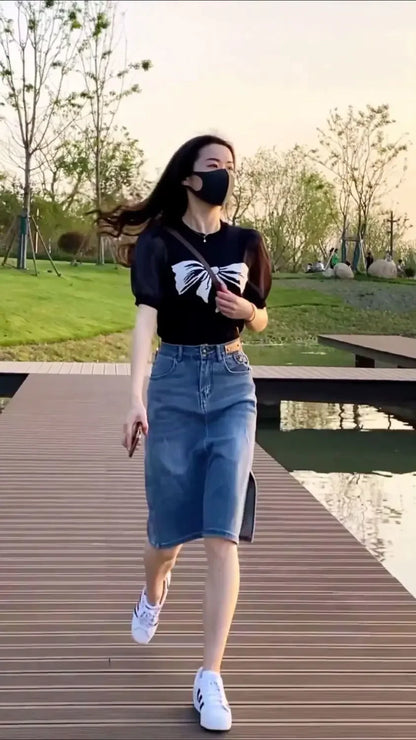 Skirts for Women To Knees Length Womens Skirt Jeans Denim Pencil Clothing with Slit Y2k Trend High Quality Summer 2024 Fashion V