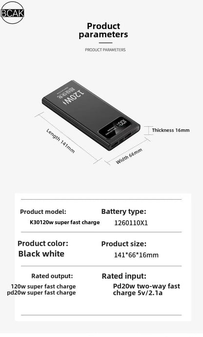 Quality BCAK New 120W Power Bank 20000mAh Super Fast Charging Large Capacity Mobile Power Supply